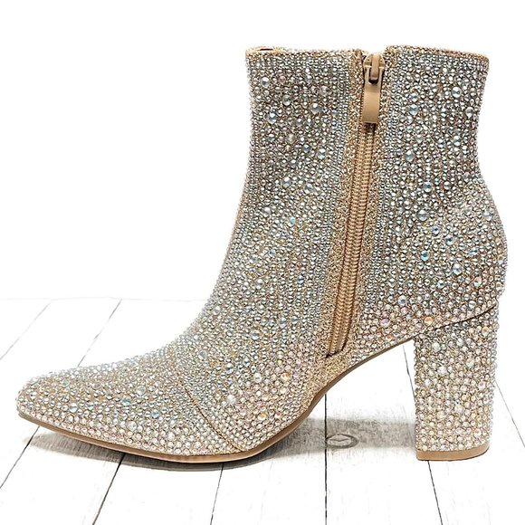 New Women Champagne Gold Rhinestone Glitter Pointy Ankle Boots Booties - Picture 4 of 9